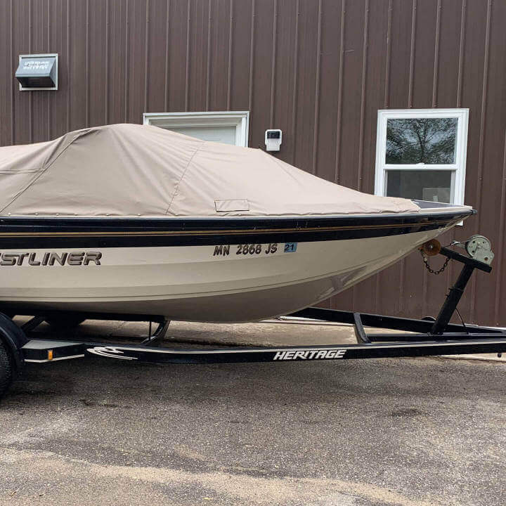 Light tan boat cover on a boat