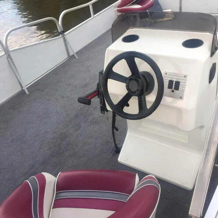 Pontoon with a dark red seat