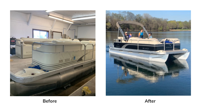 A pontoon in a garage next to the same pontoon on a lake repaired